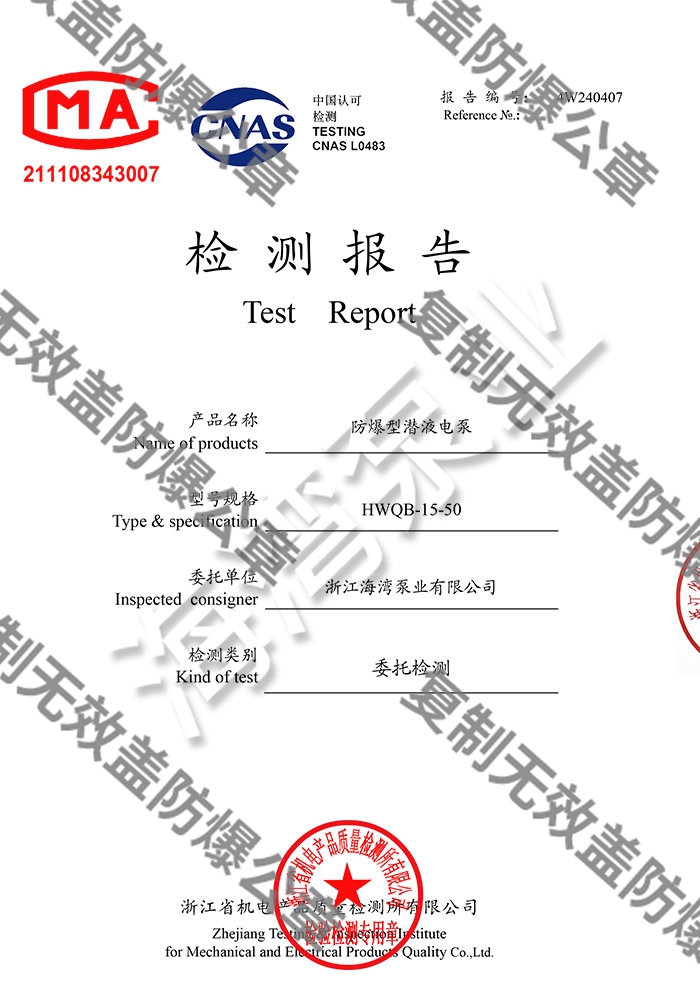 防爆排污泵二級(jí)能效測試報(bào)告